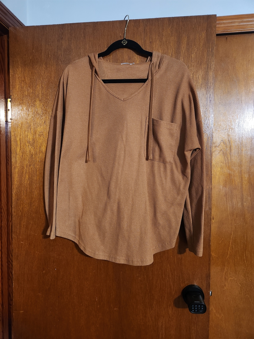 Lightweight Waffle Knit Hooded Top in Camel